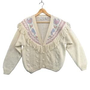 JJ Fargo Hand Knit Vintage Paisley Fringe Cardigan Sweater Women Large